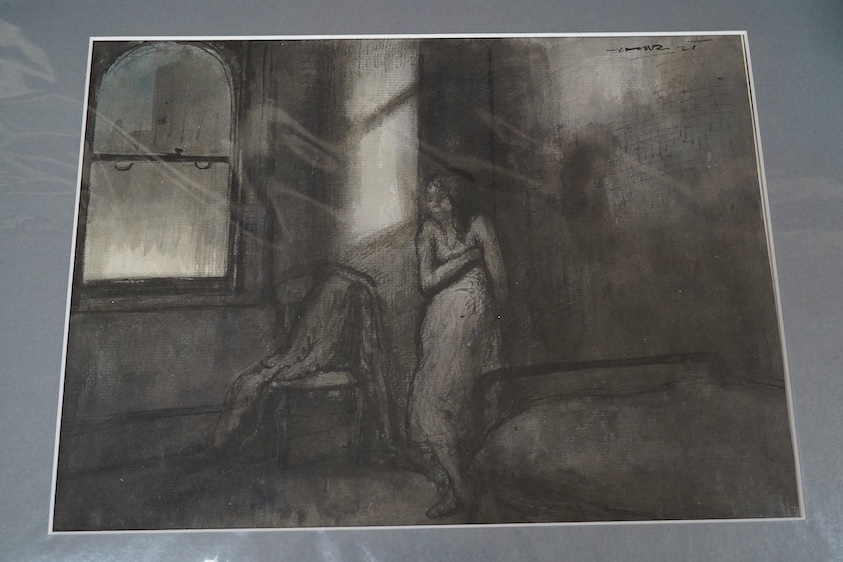 Harold Hope Read (1881-1959), ‘A Female Coterie’, ‘Abstract scene’ and ‘Cowering Girl’, unsigned, Bowden Fine Art labels verso, unsigned, three mixed medias on paper, mounted, unframed, largest 38 x 45cm